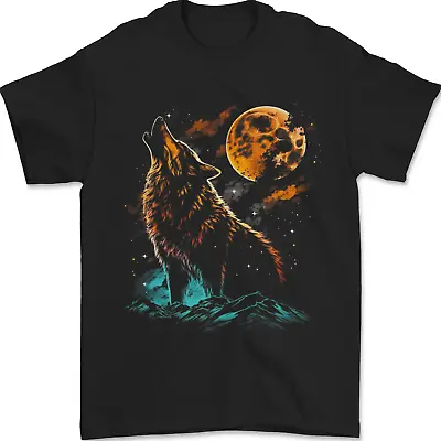 Buy A Wolf Howling With The Moon At Night Mens T-Shirt 100% Cotton • 11.99£
