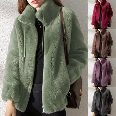 Buy Ladies Plain Zip Up Pocket Jacket Tops Womens Fleece Fluffy Stand-up Collar Coat • 10.99£