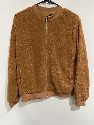 Buy Mirol Brown Zip Front Bomber Jacket Women's Soft Plush Teddy Bear Sz Med Nwt • 17.57£