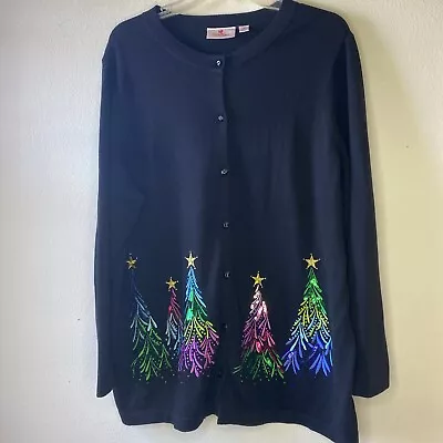 Buy Quacker Factory Christmas Tree Cardigan Size 1X Lightweight Sequined Vivid Color • 18.94£