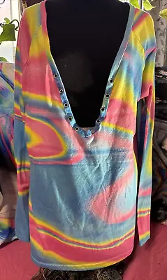 Buy USED Chicyea T-shirt Boho Hippie Tye Dye V-neck Rainbow Tee Long Sleeve Sz XL • 3.21£