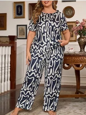 Buy Pyjama Set Plus 20 22 24 26 28 Black Abstract Print Stretch Loungewear Comfort • 10.50£