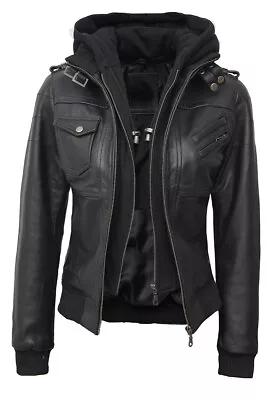 Buy ZM Edinburgh Women Black Removable Hood Rib Knitted Real Sheep Leather Jacket • 97.99£