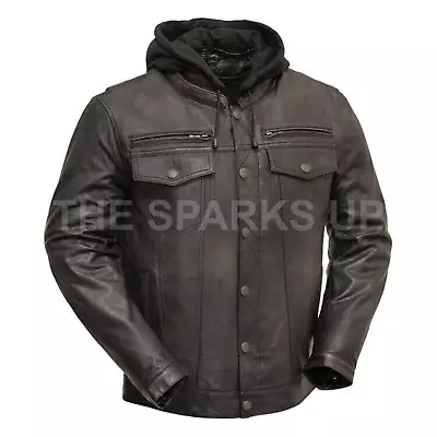 Buy Mens Motorcycle Hooded Classic Casual Biker Wear Stylish Genuine Leather Jacket • 109.99£