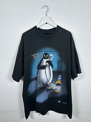 Buy Vintage 1996 Single Stitch Bud Ice Beer Beware Of The Penguins Black T Shirt. XL • 120£