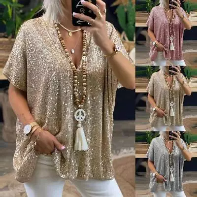 Buy Womens Sequin Glitter V Neck Tops Ladies Clubwear Evening Party Blouse T-Shirt • 13.79£