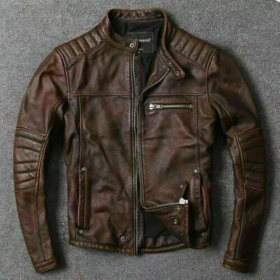 Buy Men’s Biker Vintage Cafe Racer Distressed Black/Brown Real Leather Jacket • 89.99£
