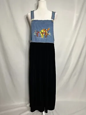 Buy Vtg Disney Winnie Pooh Maxi Denim Velvet Jumper Dress Embroidered Sz L Women's • 37.88£