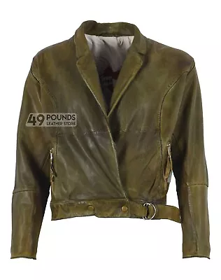 Buy Ladies Real Leather Jacket Olive Green Shrug Bolero Style Printed Lining Jacket • 49£