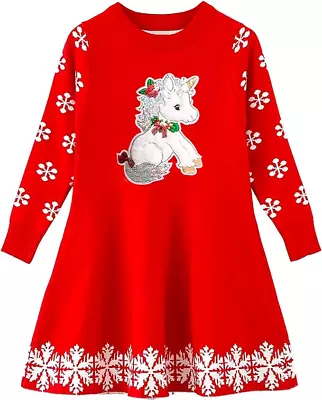 Buy Girls Warm Ribbed Knit  Xmas Unicorn Snowflake Jumper Swing Dress Santa Present • 9.99£