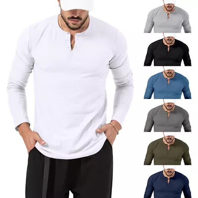 Buy Mens Casual Long Sleeve T-shirt Grandad Henley V Neck Button Solid Tee Shirt Top • 10.34£
