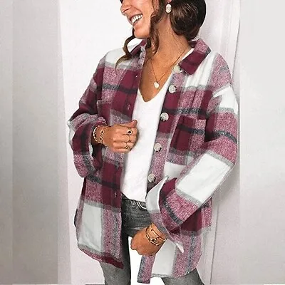 Buy Women's Casual Plaid Button Down Jacket Long Sleeve Turn Down Collar Outwear • 19.99£
