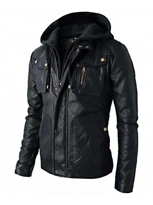 Buy Men's Motorcycle Biker Brando Style Biker Real Leather Jacket - Detach Hooded UK • 69.99£