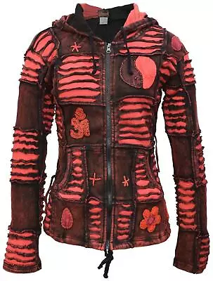 Buy Gheri Womens Red Stone Washed Patchwork Hoodie Jacket Fleece Lined Size Medium • 40.99£