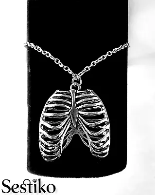 Buy Gothic Skeleton Ribcage Silver Chain Necklace + Pendant, Emo Edgy Punk Jewellery • 3.89£