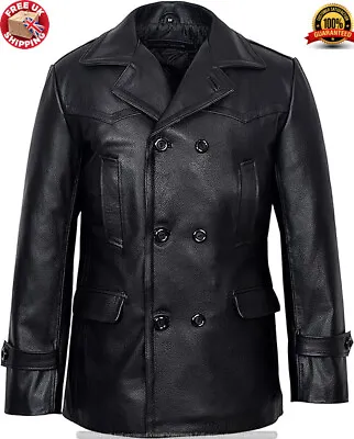 Buy GERMAN Mens Pea Coat BLACK Classic Reefer Military Genuine Leather Jacket DR WHO • 119.99£