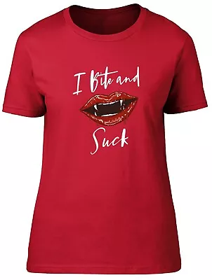Buy I Bite And Suck Fangs Halloween Fitted Womens Ladies T Shirt Gift • 8.99£