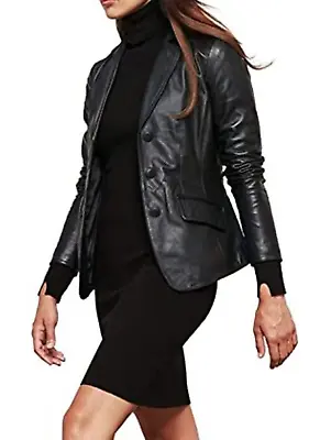 Buy Ladies Black Slim Fit Biker Lambskin Leather Moto Designer Soft Leather Blazer • 69.99£