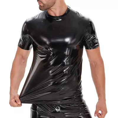 Buy Mens PU Leather T-Shirts Short Sleeve Shiny Tees Tops Dance Clubwear PVC Wetlook • 18.54£