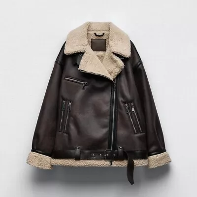 Buy ZARA Women's Faux Leather Double Faced Biker Jacket Large Brown Jacket 8073264 • 65.62£