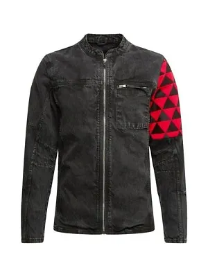 Buy Be Edgy - Black Washed Denim - Biker Jacket - Red Detail & Zips - Size L • 6.99£