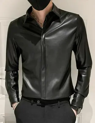 Buy Black Leather Shirt Jacket For Men Casual Size S M L XL XXL 3XL Custom Made • 173.42£