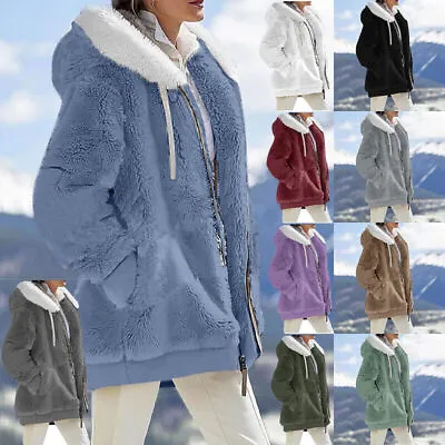 Buy 8-22 Size Women Warm Teddy Bear Fluffy Coat Ladies Hooded Fleece Jacket Outwear- • 17.02£