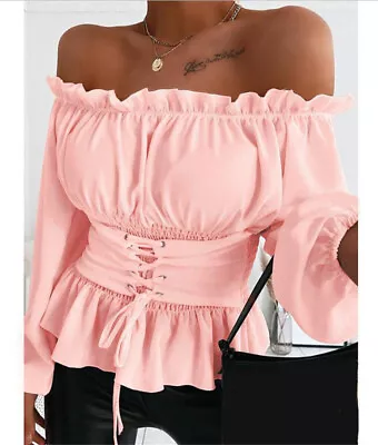 Buy T Shirt Ladies Casual Long Sleeve Corset Blouse Tops Women's Ruffle Off Shoulder • 25.09£