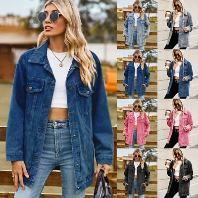 Buy Womens Oversized Pokcet Denim Jacket Casual Loose Midi-Length Jeans Outwear Coat • 33.59£
