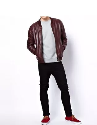 Buy Asos Men's 100% Real Leather Jacket Burgundy Rrp £100 Buy It Now For Only £38 • 38£