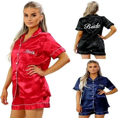 Buy Women Satin Bride PJ Set Short Sleeve Tops Sleepwear Ladies Nightwear Pyjamas • 15.99£