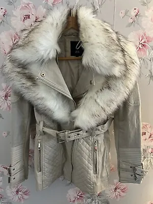 Buy Women's River Island Taupe Faux Leather & Fur Coat Size 10 • 20£