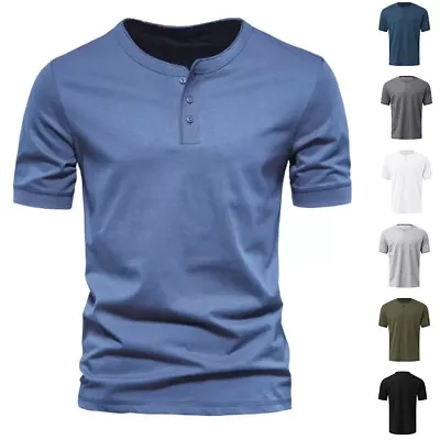 Buy Mens Henley Solid T Shirts Tee Summer Short Sleeve Casual Loose Grandad Tops 38 • 11.29£