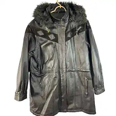 Buy Liz Phillips Womens Leather Faux Fur Trim Hooded Full Zip Coat Jacket Large • 40.49£