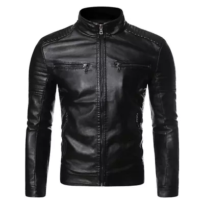 Buy Men's Stripe Zipper Fake Leather Clothes Motorcycle Thin Stand Collar Jacket • 43.80£