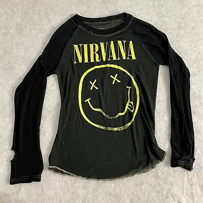 Buy NIRVANA Boy’s Long Sleeve Black Sheer T-Shirt Smiley Face Front Thumb Cuts Sz 5 • 4.73£