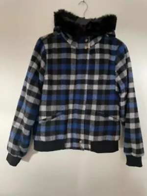 Buy Yumi Woman's Blue Checked Hooded Jacket Size Uk 14 Used Once • 35£
