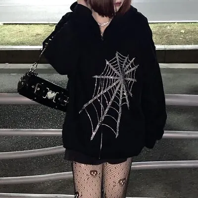 Buy Black Spider Web Detail Oversize Hoodie S M L XL 8 10 12 14 Gothic EMO Rock Chic • 9.59£