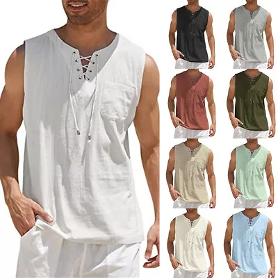 Buy Mens Cotton Linen Sleeveless T Shirts Tops Summer Loose Casual Shirt Vest Tee • 10.99£