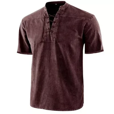 Buy Mens V Neck Short Sleeve Plain Muscle Shirts Tops Casual Lace Up T Shirt Blouse • 13.89£