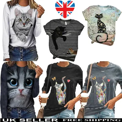 Buy Womens 3D Cat Printed Long Sleeve T-shirt Top Tee Casual Pullover Blouse Shirts • 8.54£