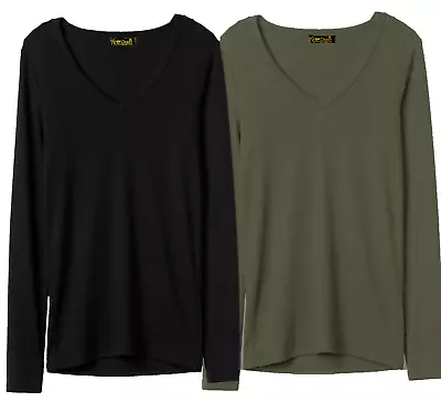 Buy Women Ladies Plain Basic T-Shirt Top Vest Cotton Tshirts **LONG SLEEVE V NECK** • 6.49£