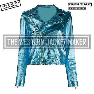 Buy Women Metallic Blue Biker Jacket Women Real Leather Cropped Motorcycle Jacket • 117.16£