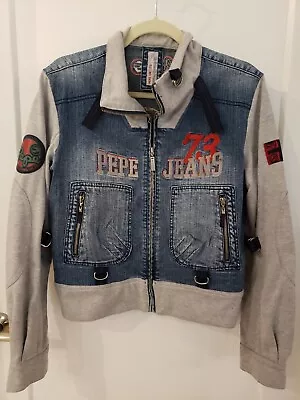 Buy PePe Jeans London Bomber Sz L Varsity Denim Jersey Jacket, Embroidered Pockets  • 27.47£