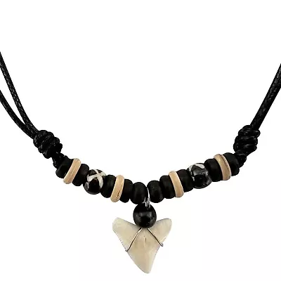 Buy Shark Tooth Pendant Necklace Wood Beaded Black Cord Chain Mens Womens Jewellery • 4.99£