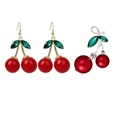 Buy Cherry Earrings & Brooch Pin Kitsch Fruit Rockabilly Burlesque Jewellery • 5.83£