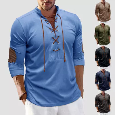Buy Mens V Neck Lace Up Long Sleeve Tops Henley Solid Shirts Casual T Shirts Blouse • 15.79£