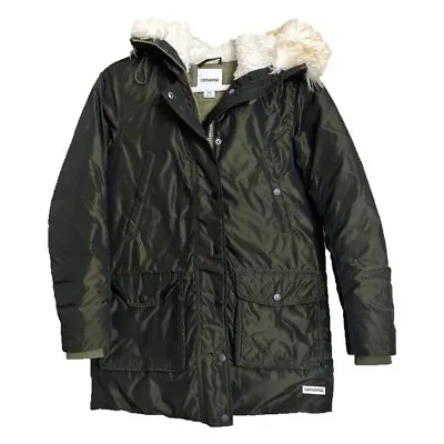 Buy Converse Army Green Puffer Jacket Coat Faux Fur Hat Size XS • 28.47£