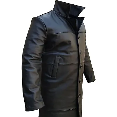 Buy Mens Pure Black Leather Trench Coat Steampunk Gothic Long Coat Winter Jacket   • 118.29£