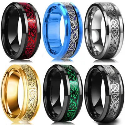 Buy 8mm Men Stainless Steel Dragon Ring Inlay Carbon Fiber Ring Wedding BandJewelry# • 1.86£